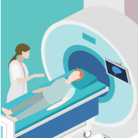 A doctor helping a patient with getting a scan
