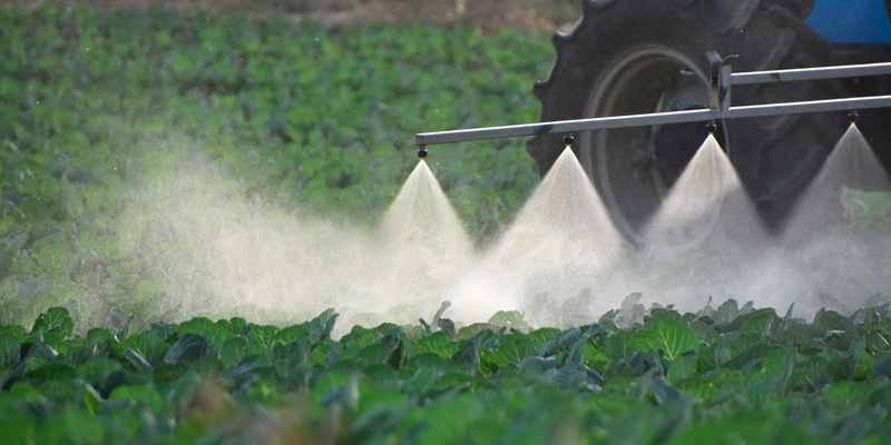 Farm tractor spraying crop
