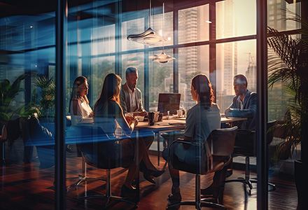 A group of employees working as underwriters.